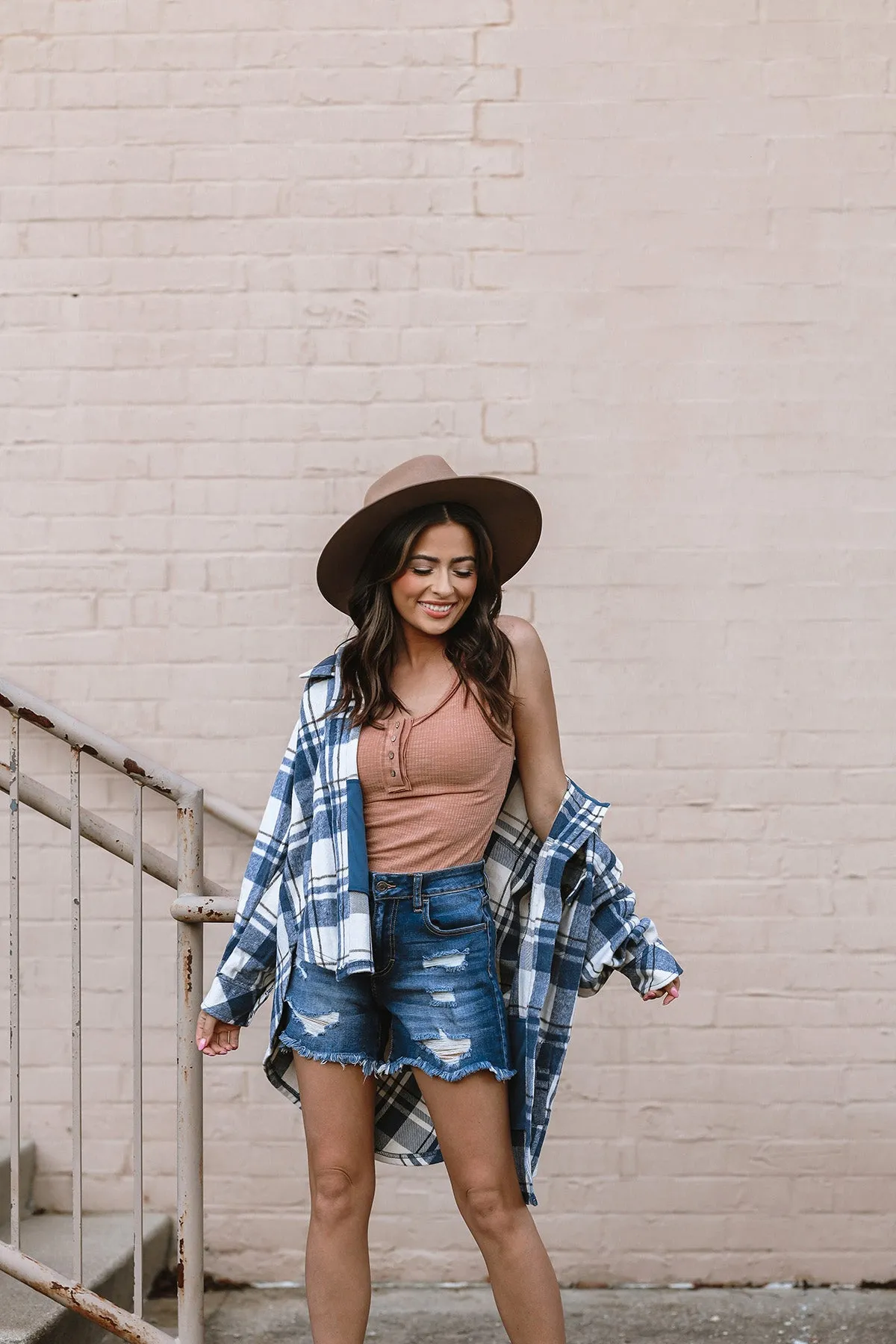 All the Fall Feels Plaid Flannel Shacket - Denim Blue