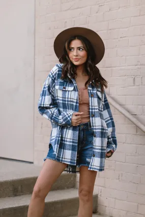 All the Fall Feels Plaid Flannel Shacket - Denim Blue