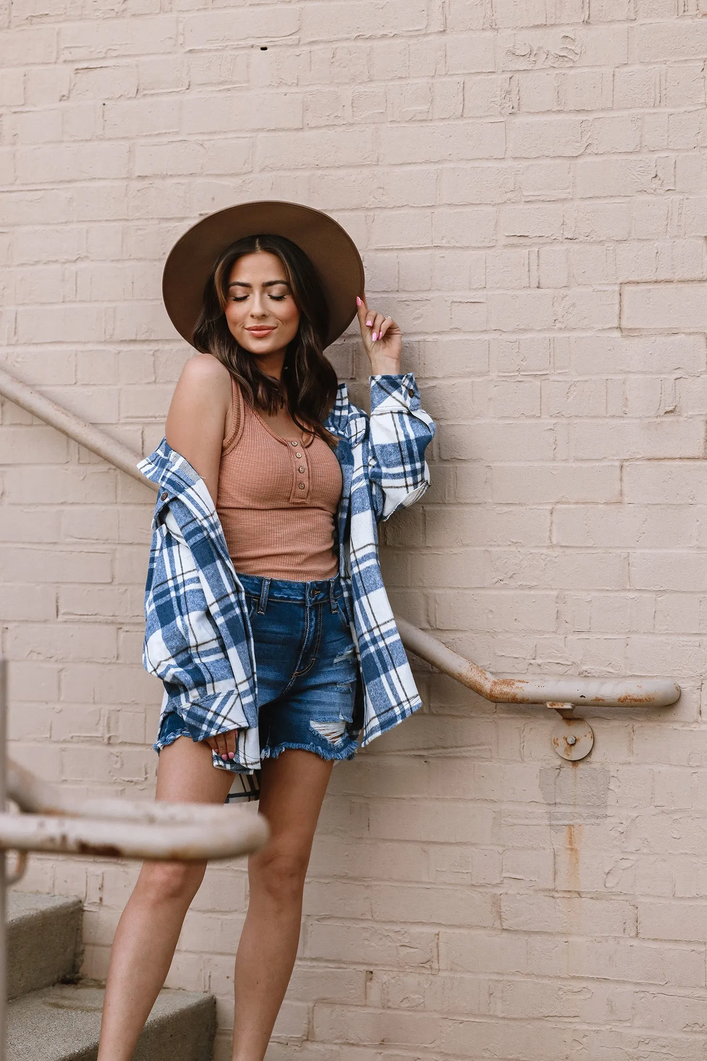 All the Fall Feels Plaid Flannel Shacket - Denim Blue