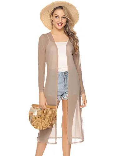 Cardigan Long Femme Lin Manches Longues Eté Outwear Sexy Elégante Ouvert Vintage - Kaki - Taille XL
