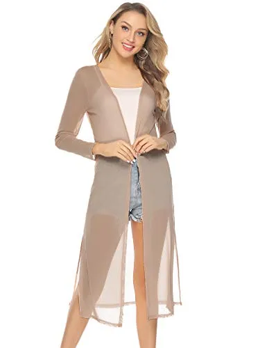 Cardigan Long Femme Lin Manches Longues Eté Outwear Sexy Elégante Ouvert Vintage - Kaki - Taille XL
