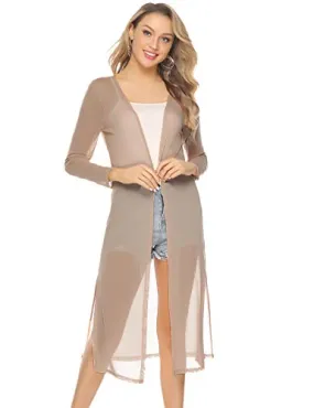 Cardigan Long Femme Lin Manches Longues Eté Outwear Sexy Elégante Ouvert Vintage - Kaki - Taille XL