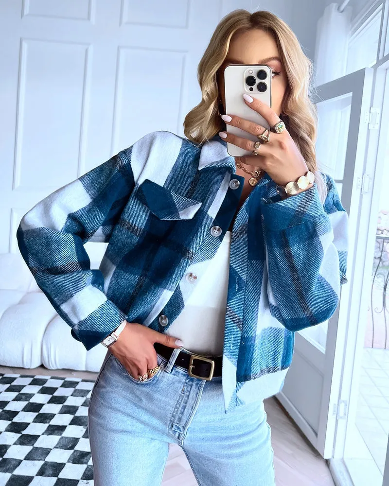 Cropped Shacket Button Down Plaid Jackets Coats
