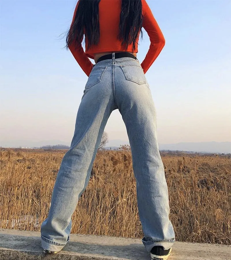 Fashion Straight High Waist Wide Leg Denim Pants