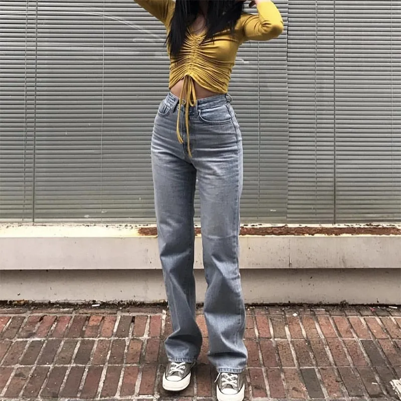 Fashion Straight High Waist Wide Leg Denim Pants