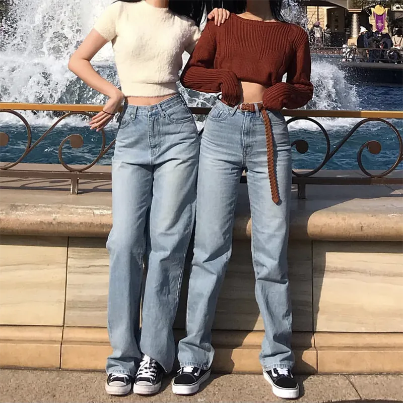 Fashion Straight High Waist Wide Leg Denim Pants