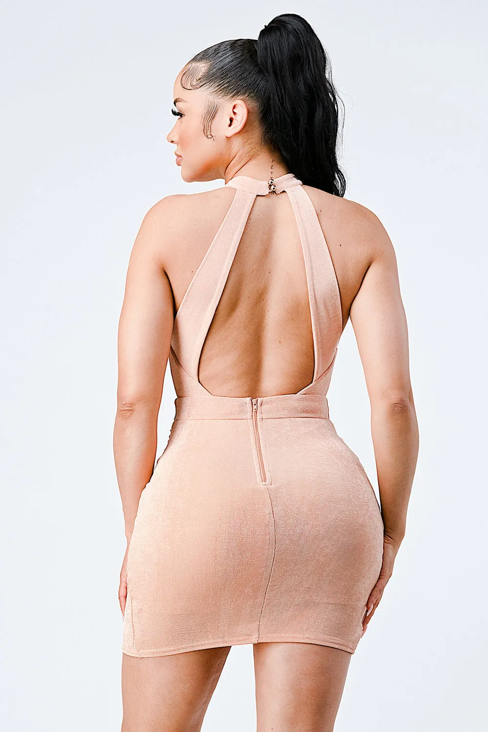 LUX HALTER MOCK NECK BACKLESS BODYCON DRESS