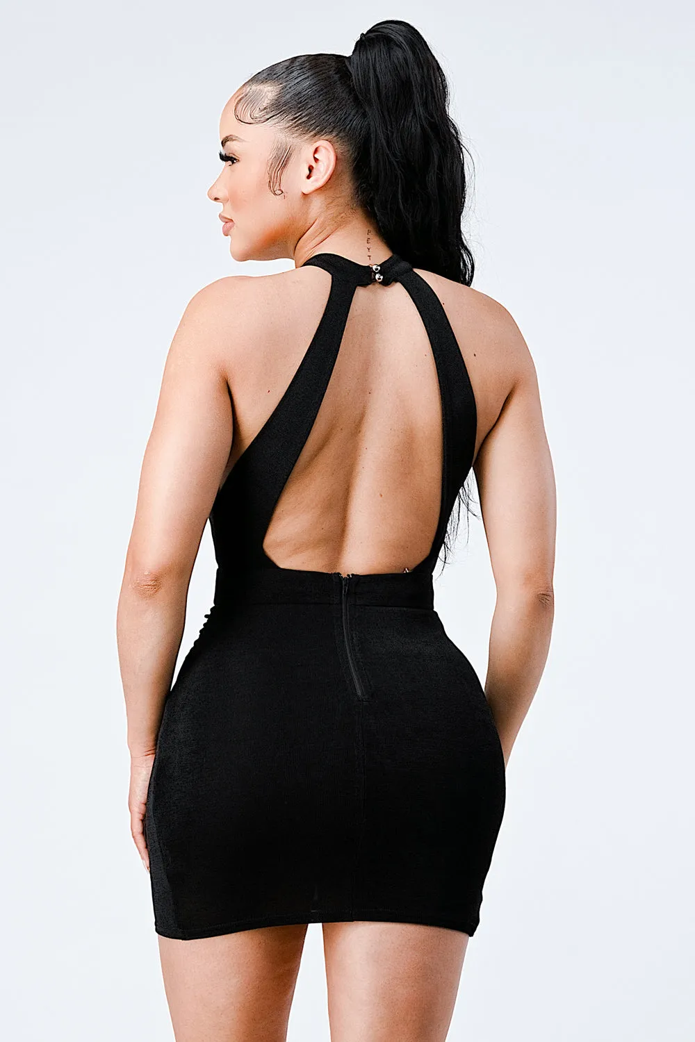 LUX HALTER MOCK NECK BACKLESS BODYCON DRESS