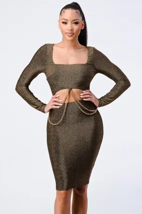 LUXE WAIST GOLD CHAIN CUT-OUT GLITTER DRESS