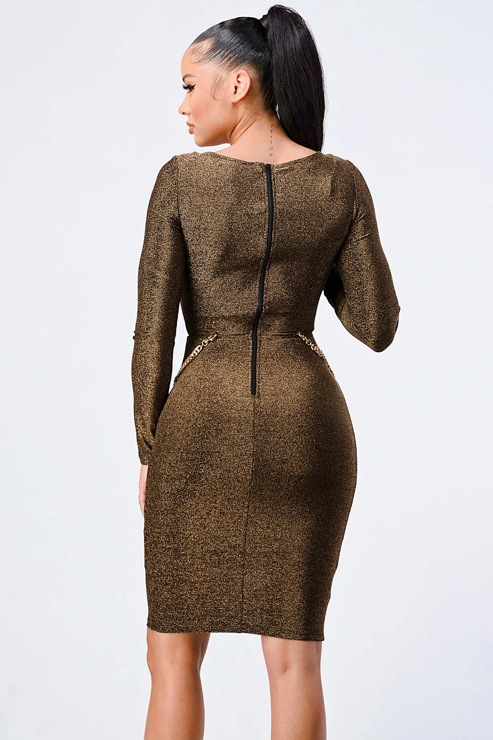 LUXE WAIST GOLD CHAIN CUT-OUT GLITTER DRESS