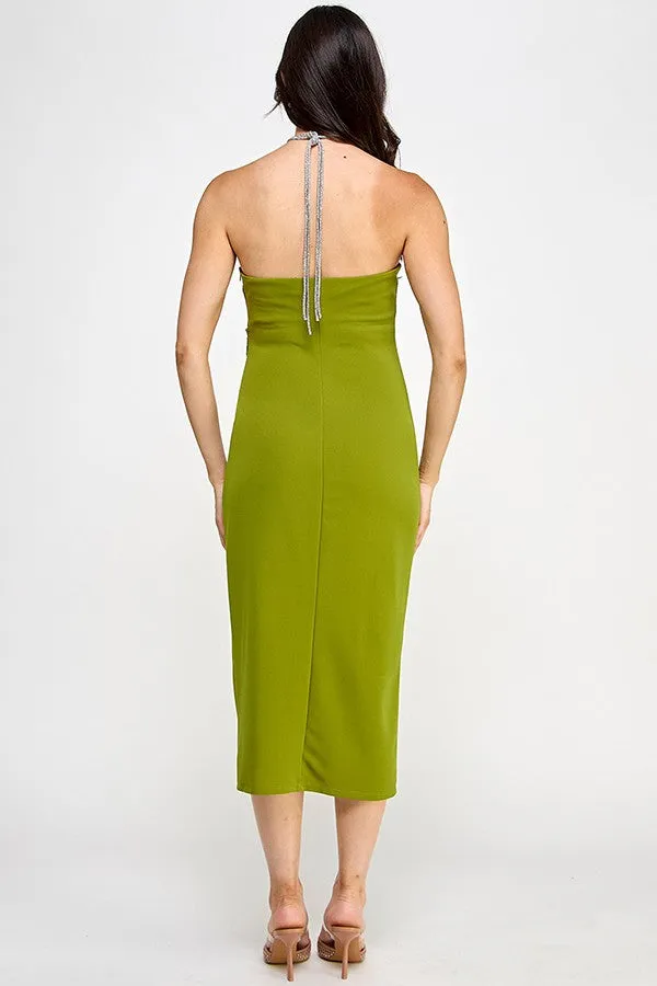 rhinestone halter strap midi dress
