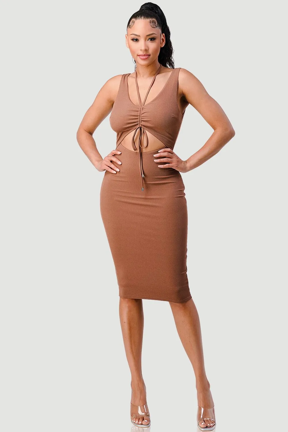 RIB KNIT HALTER DRAWSTRING BODYCON MIDI DRESS