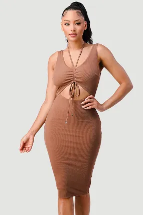 RIB KNIT HALTER DRAWSTRING BODYCON MIDI DRESS