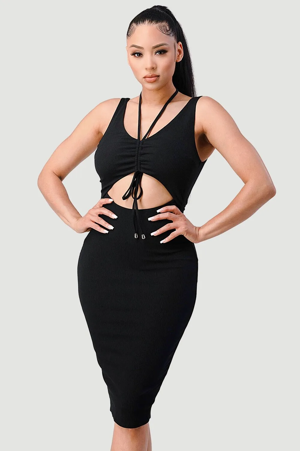 RIB KNIT HALTER DRAWSTRING BODYCON MIDI DRESS