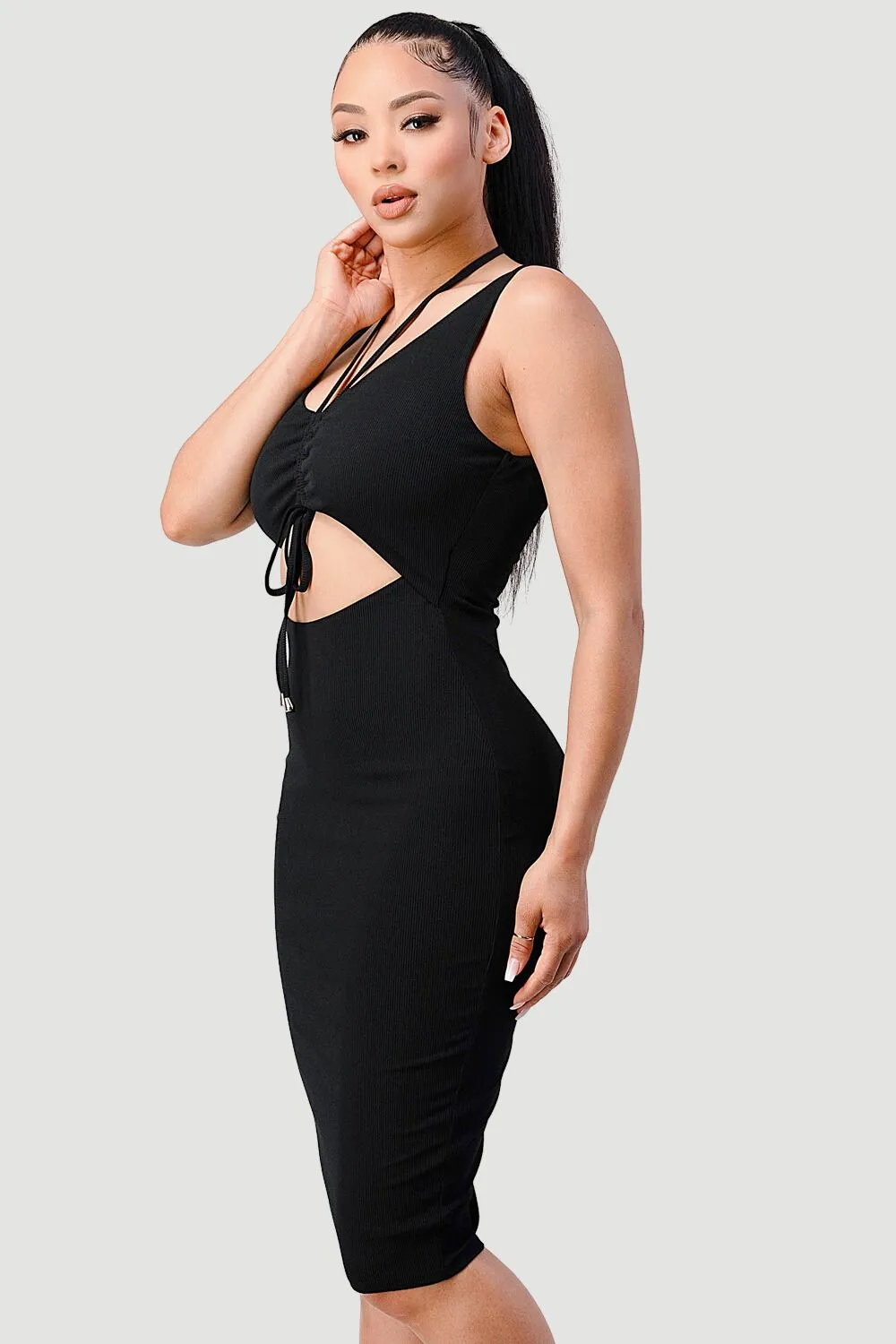 RIB KNIT HALTER DRAWSTRING BODYCON MIDI DRESS