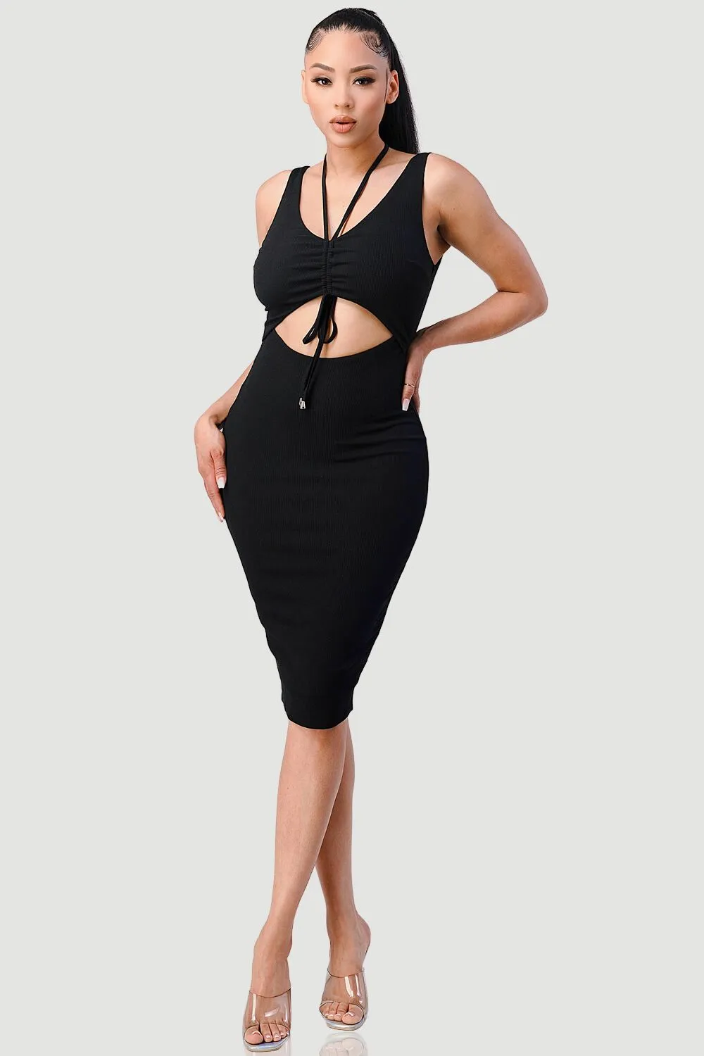 RIB KNIT HALTER DRAWSTRING BODYCON MIDI DRESS