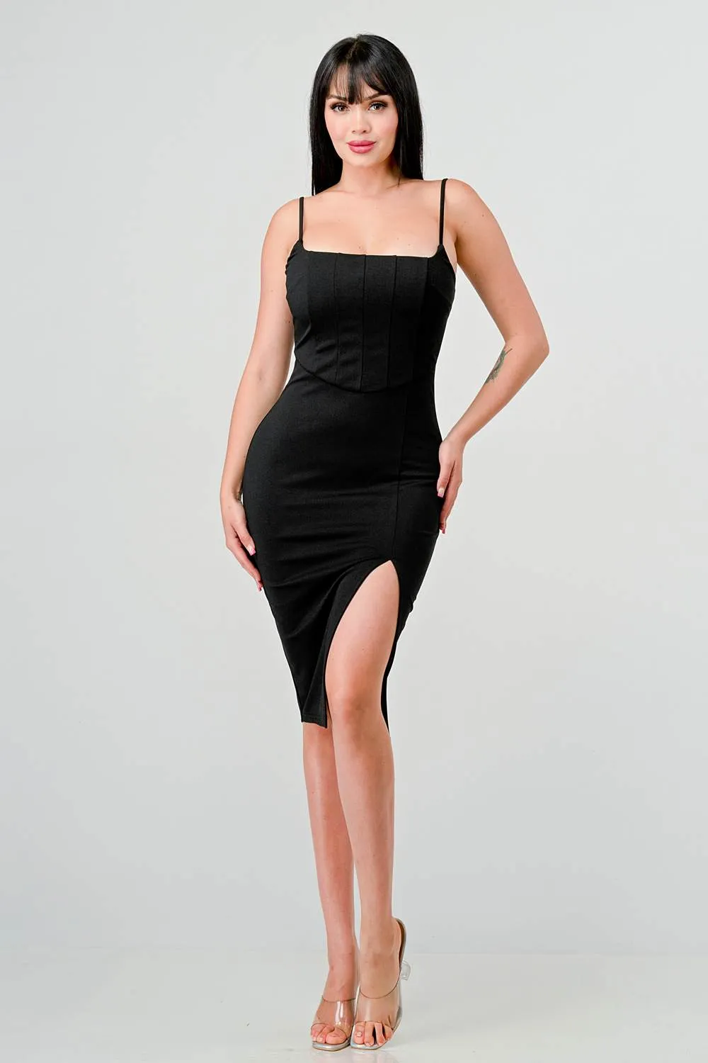 SEXY BODYCON CORSET STYLE SLITTED MIDI DRESS