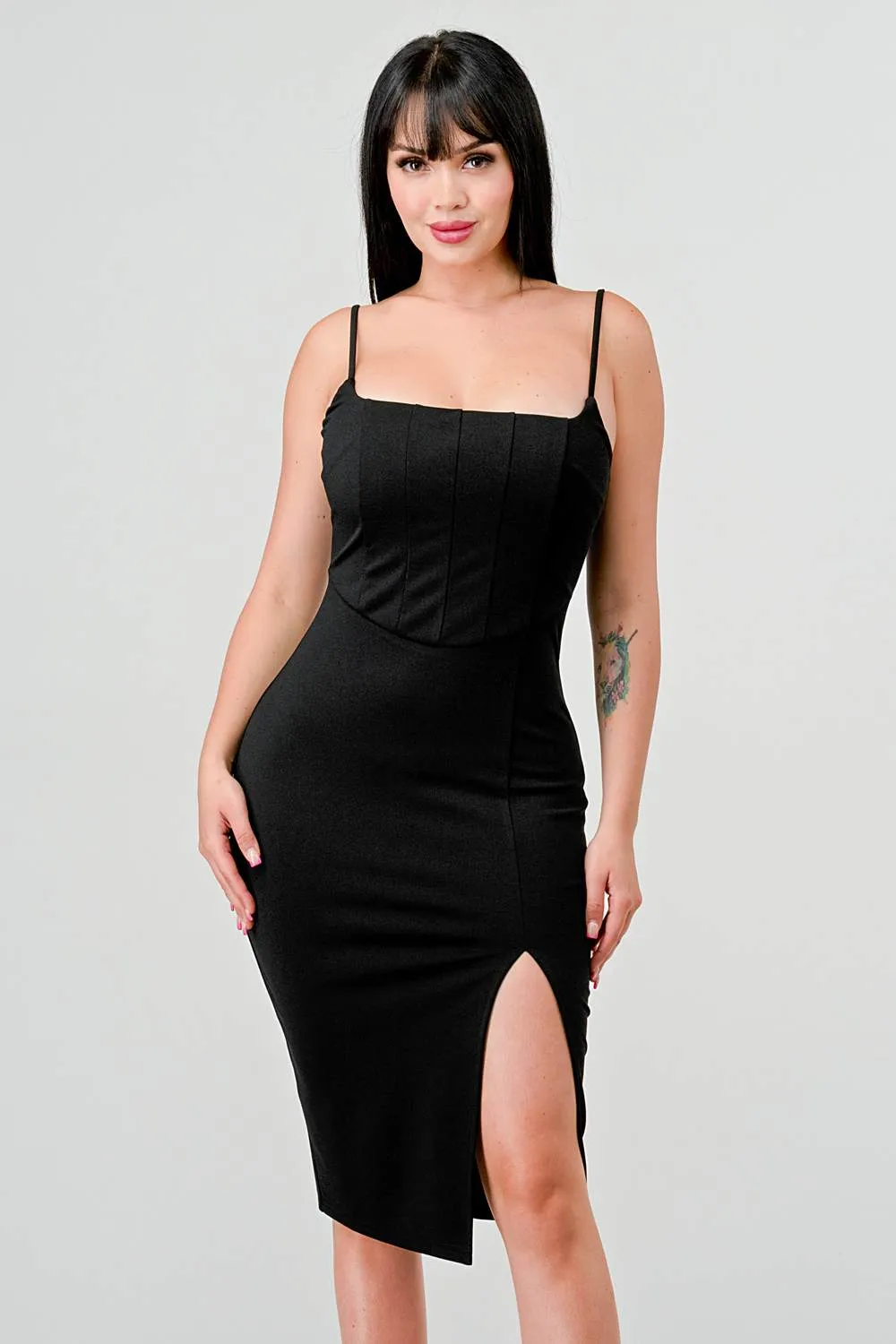 SEXY BODYCON CORSET STYLE SLITTED MIDI DRESS