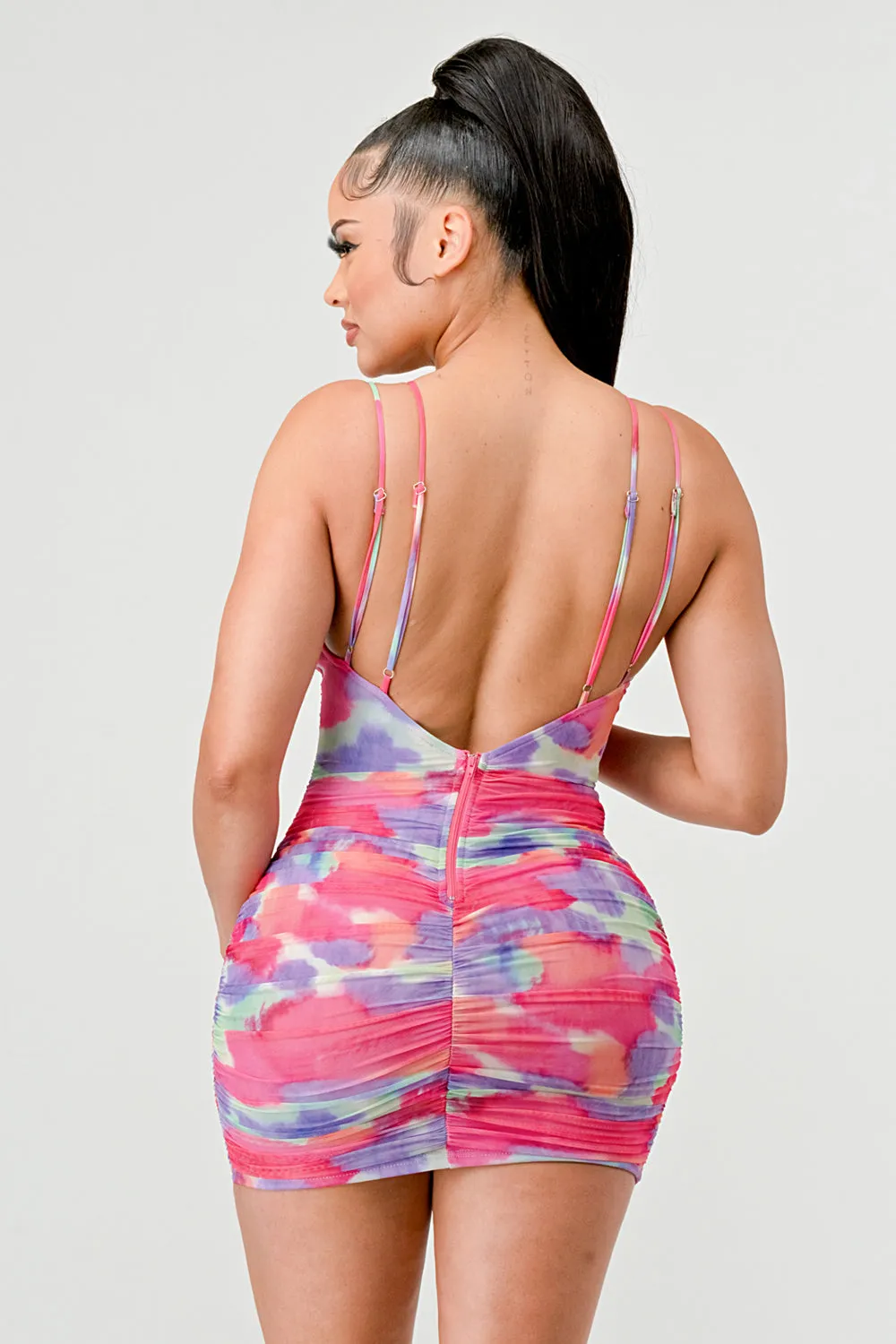 TIE DYE DOUBLE STRAP SWEETHEART RUCHED MINI DRESS