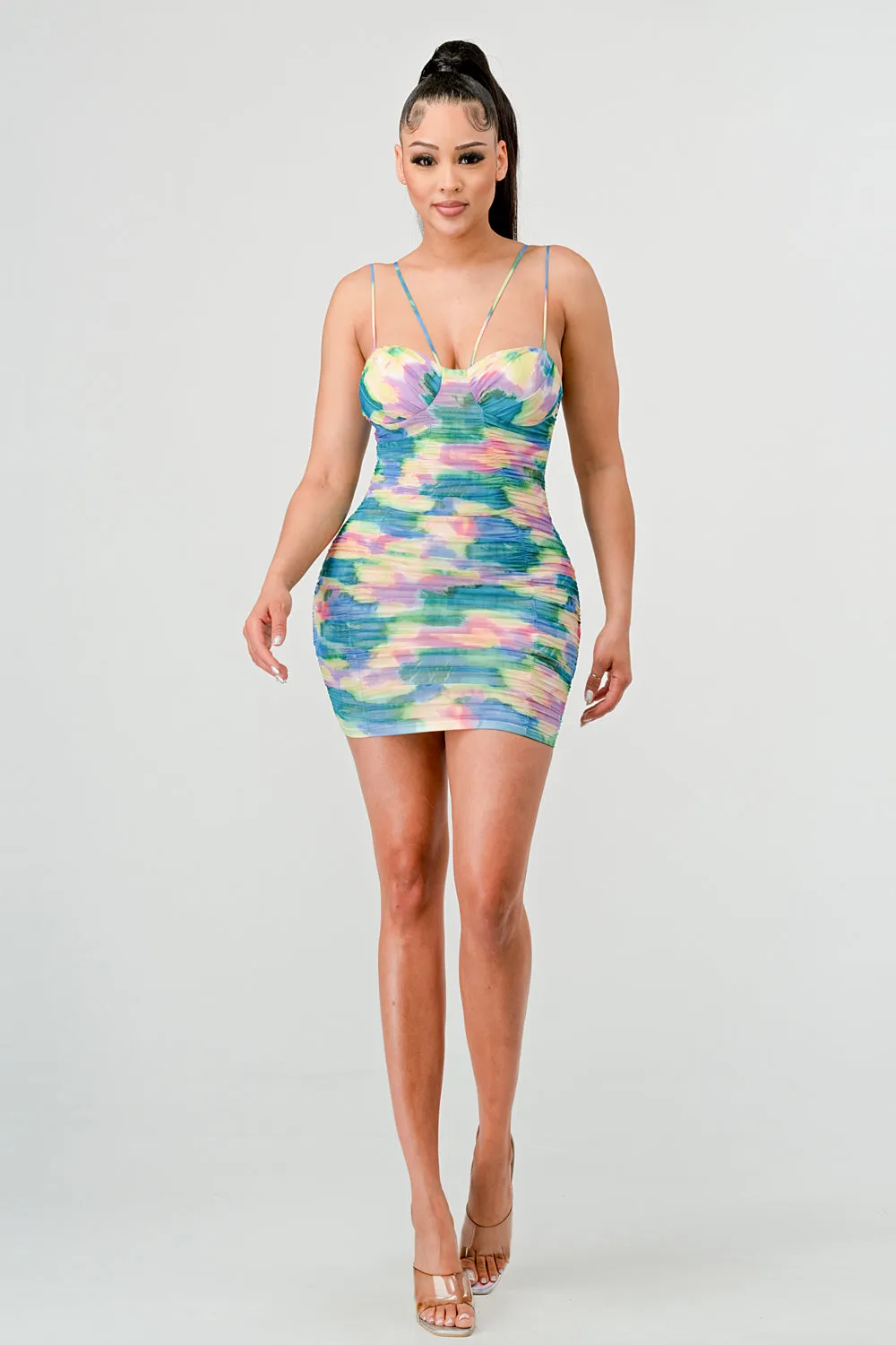 TIE DYE DOUBLE STRAP SWEETHEART RUCHED MINI DRESS