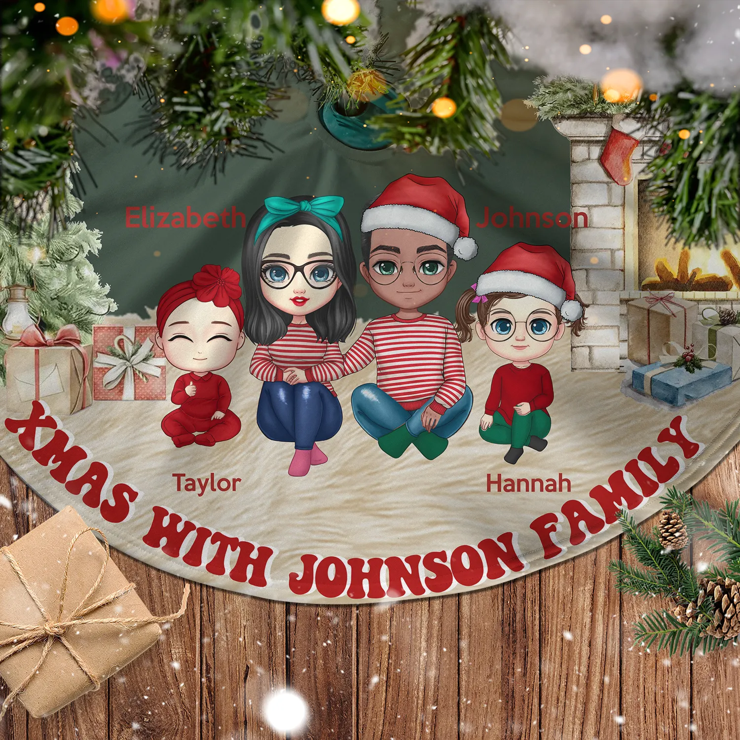 Warm And Joyful Family Gather Personalized Christmas Pencil Tree Skirt
