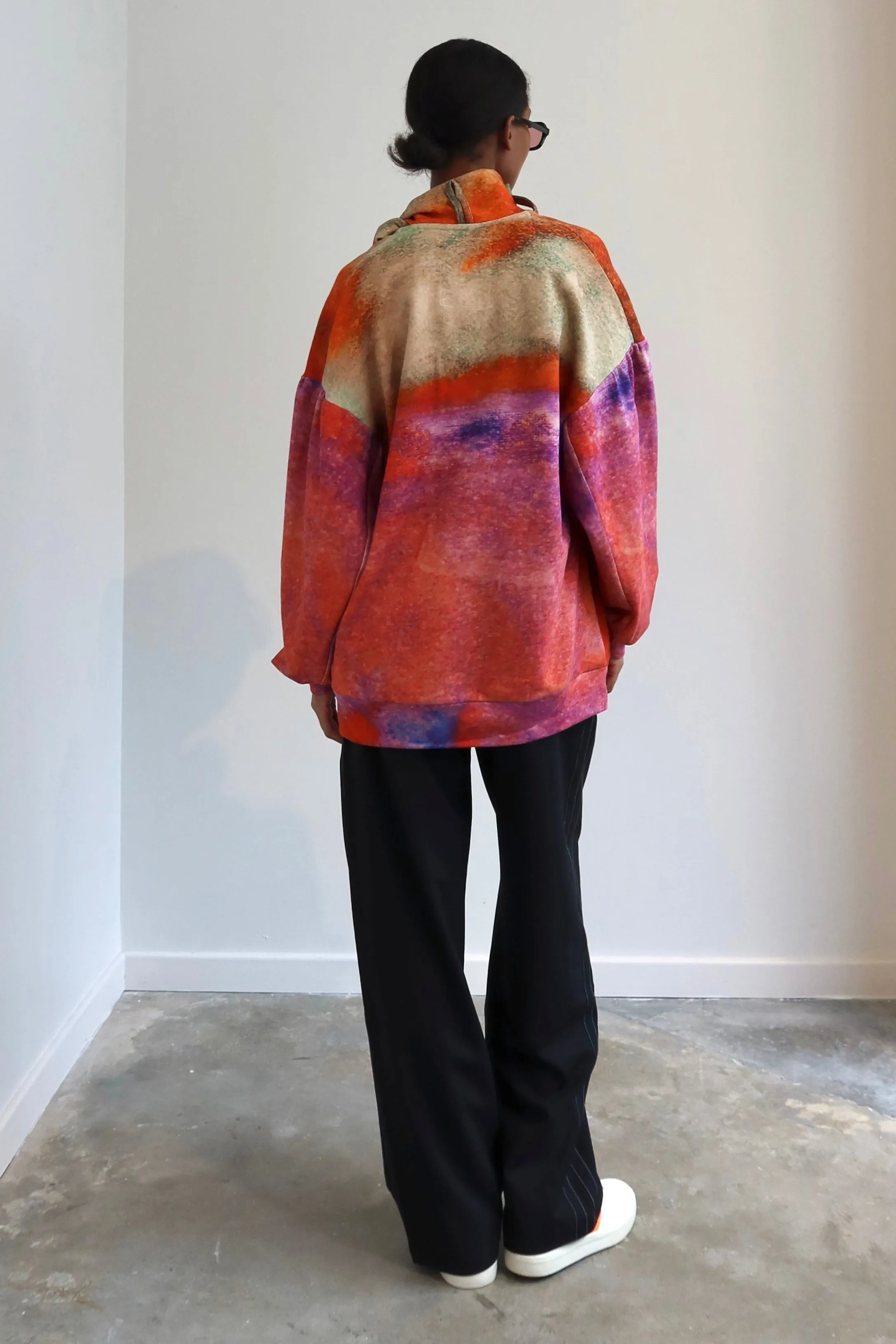 Watercolor Print Tie Neck Sweater