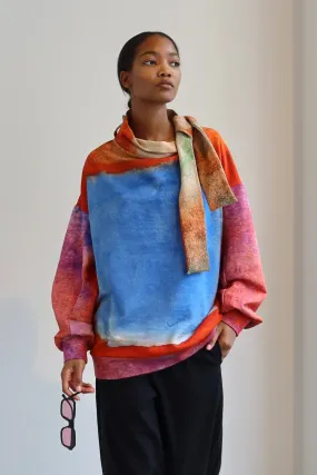 Watercolor Print Tie Neck Sweater